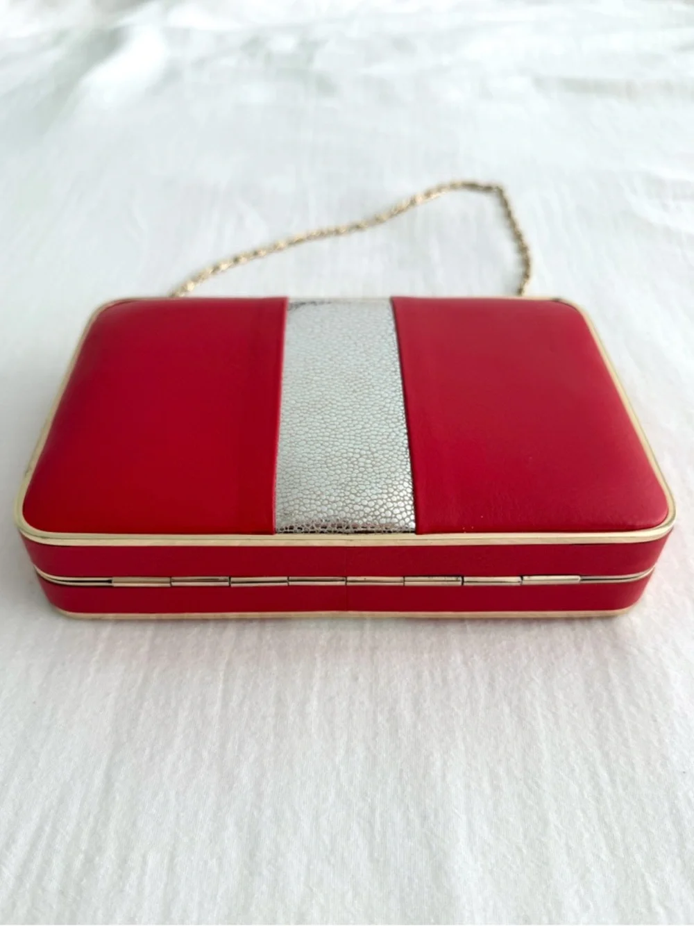 J. McLaughlin Small Red & Gold Leather Clutch Shoulder Purse w/ Gold Chain